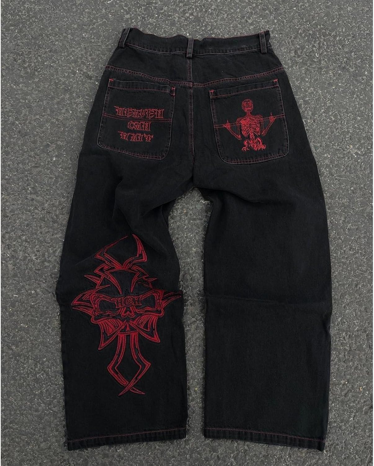 Y2K Jeans Hiphop Vintage Skull Embroidery Wash Spijkerbroek voor heren, gotische broek met rechte buis en wijde pijpen