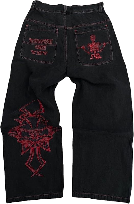 Y2K Jeans Hiphop Vintage Skull Embroidery Wash Spijkerbroek voor heren, gotische broek met rechte buis en wijde pijpen