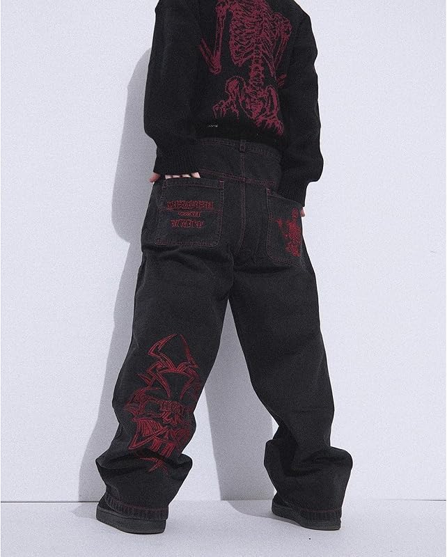 Y2K Jeans Hiphop Vintage Skull Embroidery Wash Spijkerbroek voor heren, gotische broek met rechte buis en wijde pijpen