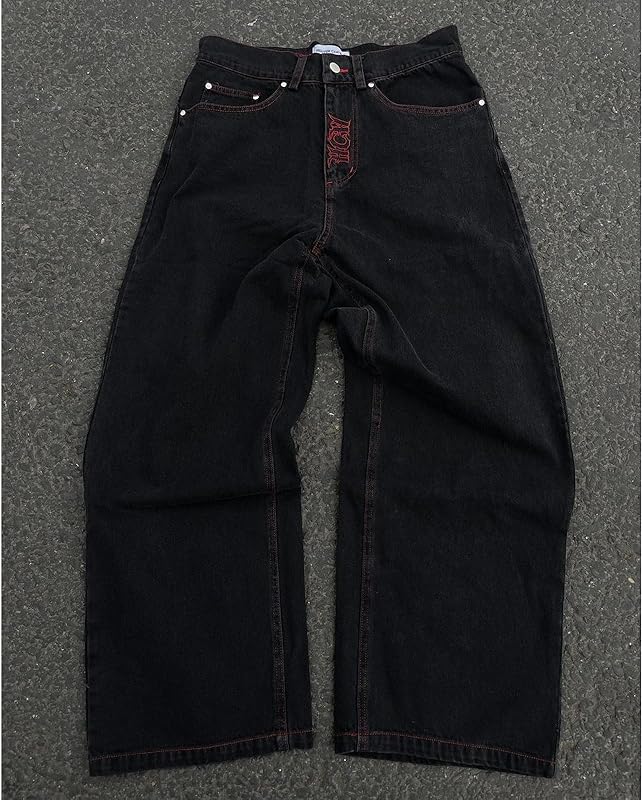 Y2K Jeans Hiphop Vintage Skull Embroidery Wash Spijkerbroek voor heren, gotische broek met rechte buis en wijde pijpen