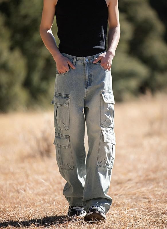 Baggy cargojeans voor heren, tieners en jongens, casual, losse jeans met klepzakken, Y2k, spijkerbroek, hiphop, streetwear uit de jaren 90