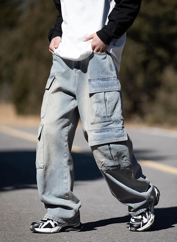 Baggy cargojeans voor heren, tieners en jongens, casual, losse jeans met klepzakken, Y2k, spijkerbroek, hiphop, streetwear uit de jaren 90