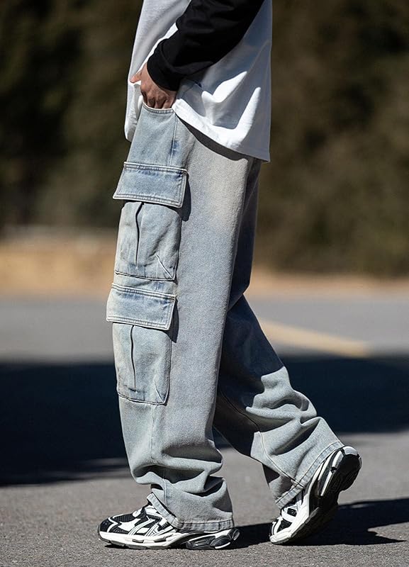 Baggy cargojeans voor heren, tieners en jongens, casual, losse jeans met klepzakken, Y2k, spijkerbroek, hiphop, streetwear uit de jaren 90