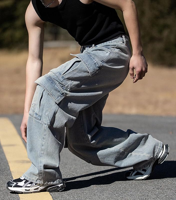Baggy cargojeans voor heren, tieners en jongens, casual, losse jeans met klepzakken, Y2k, spijkerbroek, hiphop, streetwear uit de jaren 90