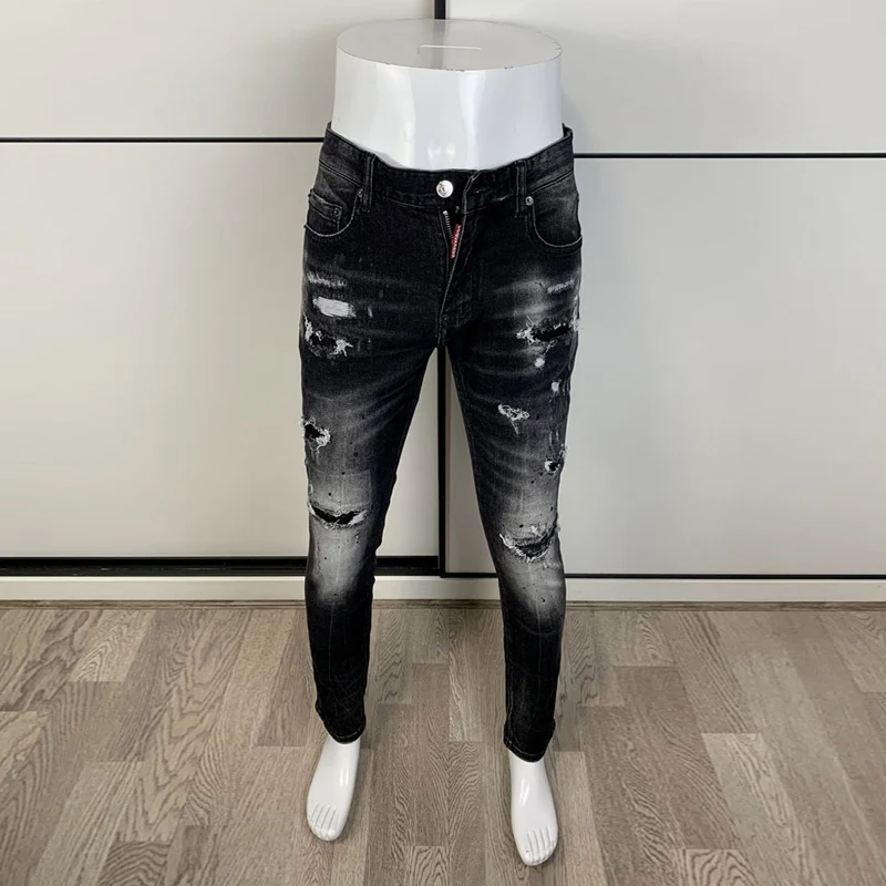 【A Popular】  Street Fashion Men Jeans Retro Black Gray Elastic Stretch Slim Fit Hole Ripped Jeans Men Patched Designer Hip Hop Brand Pants