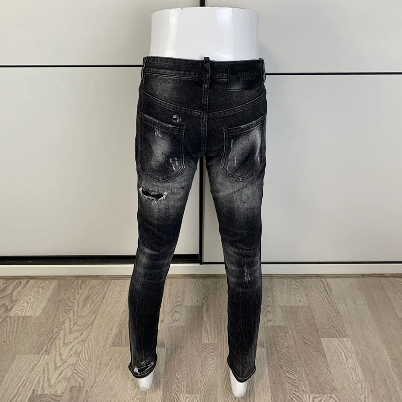 【A Popular】  Street Fashion Men Jeans Retro Black Gray Elastic Stretch Slim Fit Hole Ripped Jeans Men Patched Designer Hip Hop Brand Pants