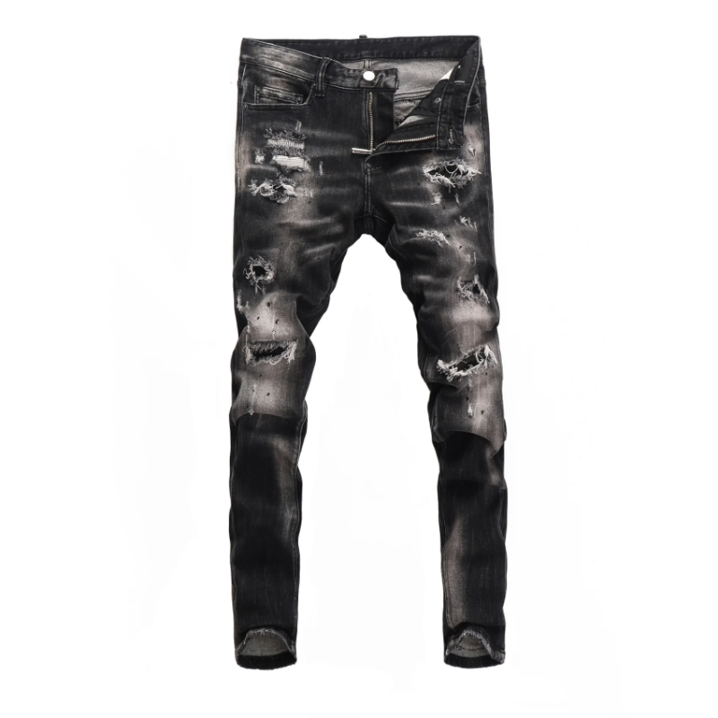 【A Popular】  Street Fashion Men Jeans Retro Black Gray Elastic Stretch Slim Fit Hole Ripped Jeans Men Patched Designer Hip Hop Brand Pants
