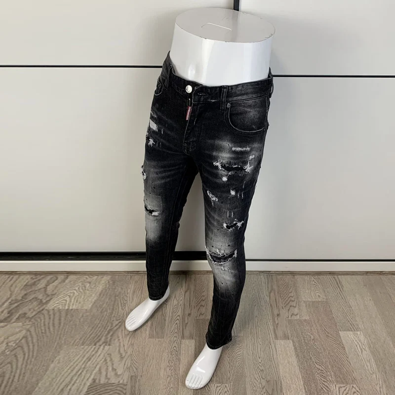 【A Popular】  Street Fashion Men Jeans Retro Black Gray Elastic Stretch Slim Fit Hole Ripped Jeans Men Patched Designer Hip Hop Brand Pants