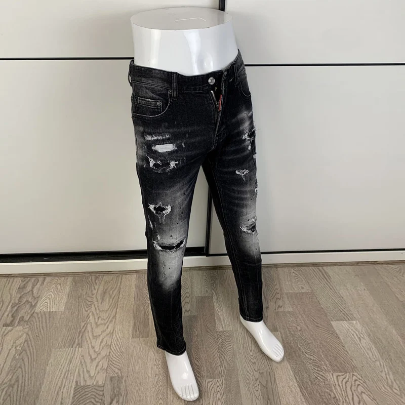 【A Popular】  Street Fashion Men Jeans Retro Black Gray Elastic Stretch Slim Fit Hole Ripped Jeans Men Patched Designer Hip Hop Brand Pants
