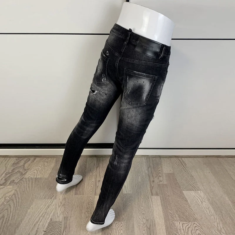 【A Popular】  Street Fashion Men Jeans Retro Black Gray Elastic Stretch Slim Fit Hole Ripped Jeans Men Patched Designer Hip Hop Brand Pants