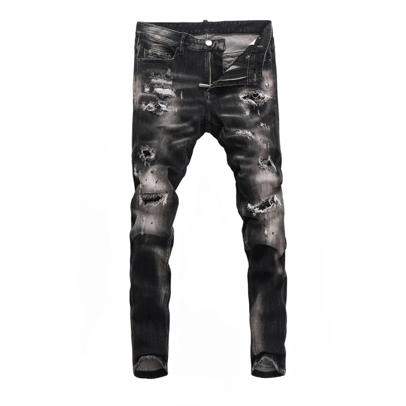 【A Popular】  Street Fashion Men Jeans Retro Black Gray Elastic Stretch Slim Fit Hole Ripped Jeans Men Patched Designer Hip Hop Brand Pants
