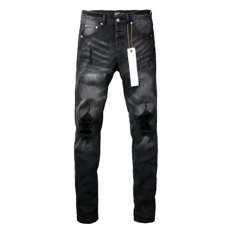 【A Popular】  2024 Purple Jeans Men Fashion high quality High Street Black Hole Repair Low Rise Skinny Denim pants 9029