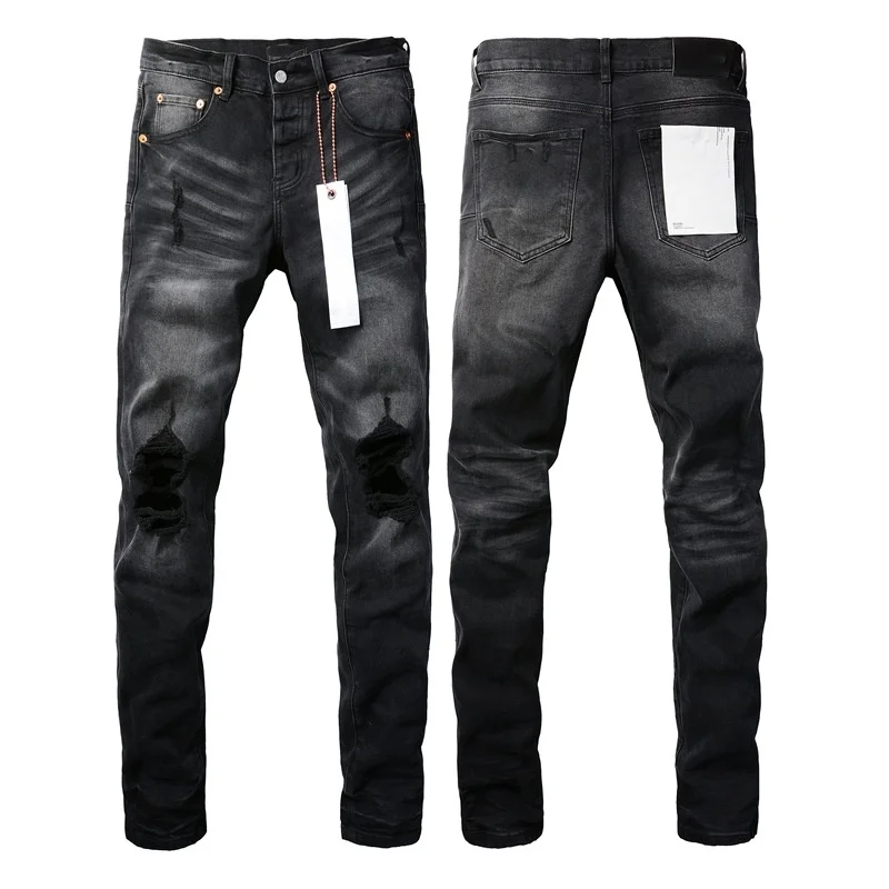 【A Popular】  2024 Purple Jeans Men Fashion high quality High Street Black Hole Repair Low Rise Skinny Denim pants 9029