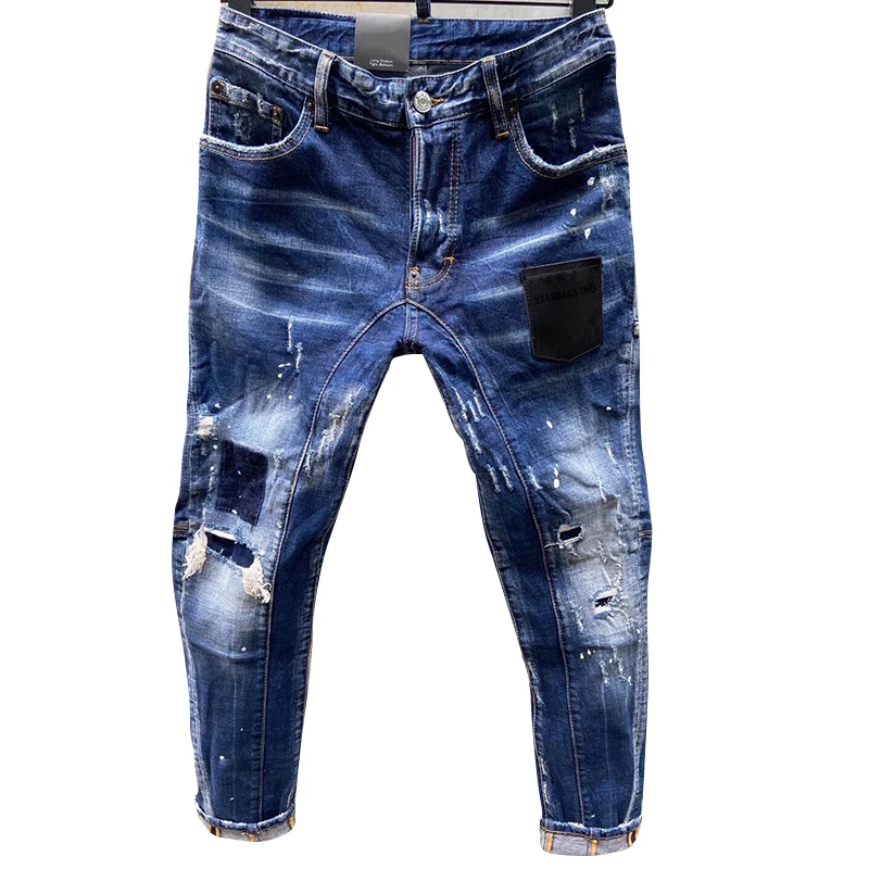 【A Popular】  starbags dsq T121 men`s jeans New wear simple men slim ripped stretch jeans skinny straight Tear Process Italian Design pants