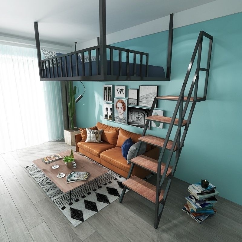 Loft İl Alanı Yükseltilmiş Levha Üst Küçük Daire Demir Çerçeve Dubleks İkinci Kat Yatak