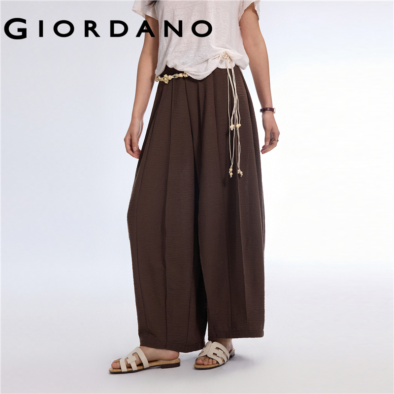 Giordano Women Half elastic waist wide leg crinkle pants Free Shipping 18415902 · v2