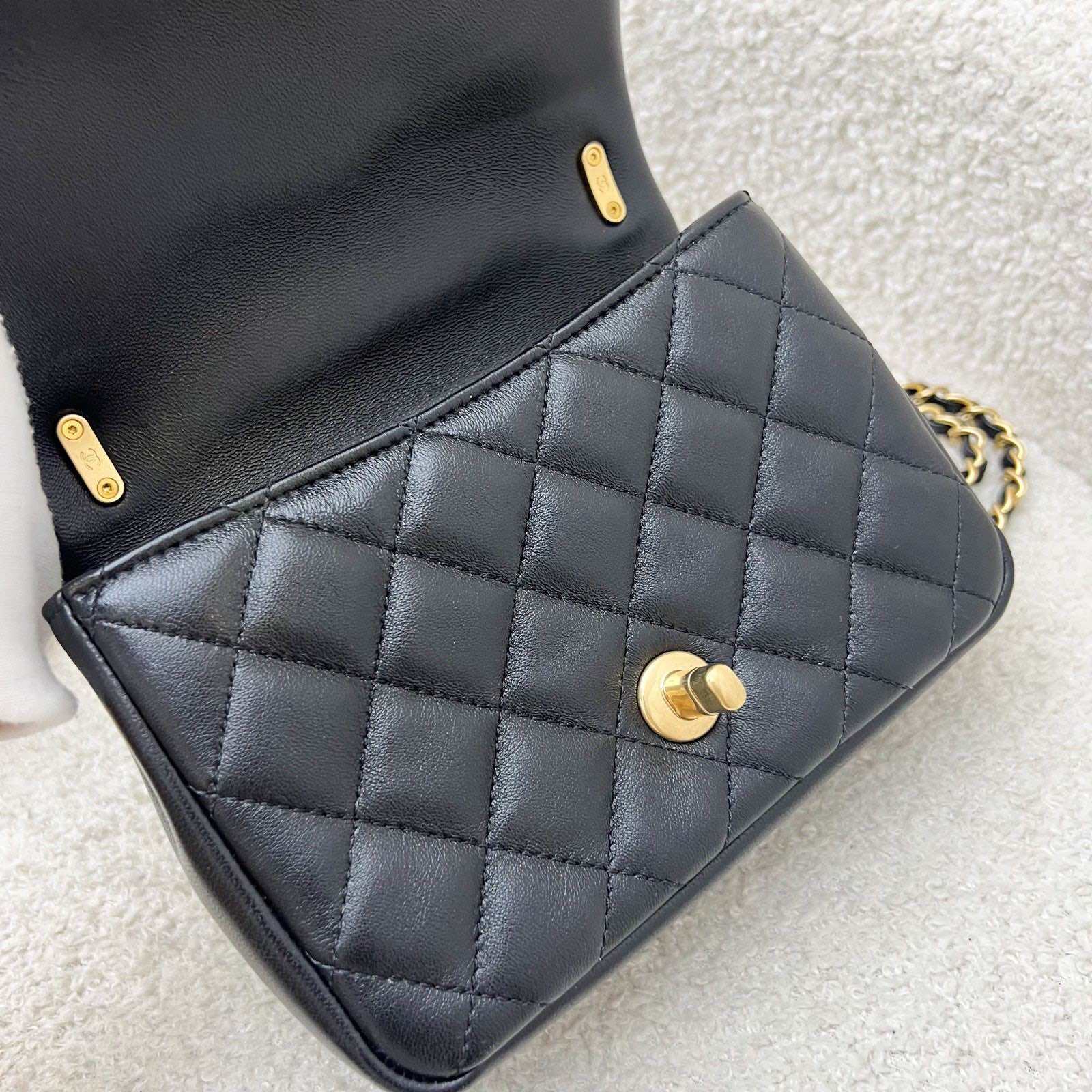 Chanel 24P Pearl Twist Chain Square Mini Flap Bag in Black Lambskin and AGHW (Model: AS4385) · v3