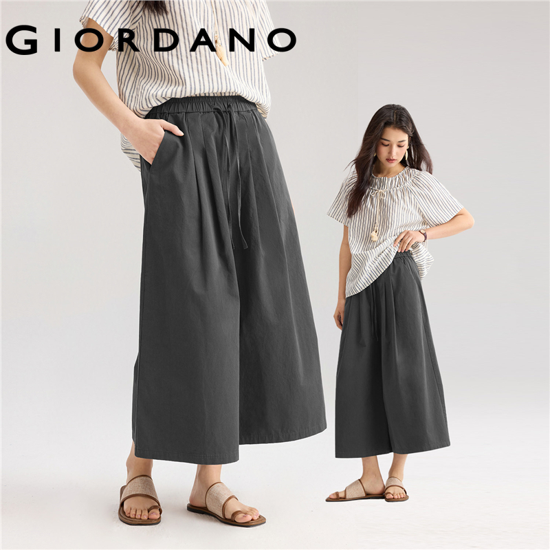 Giordano Women 100% Cotton pleated wide leg elastic waist pants Free Shipping 18425202 · v2