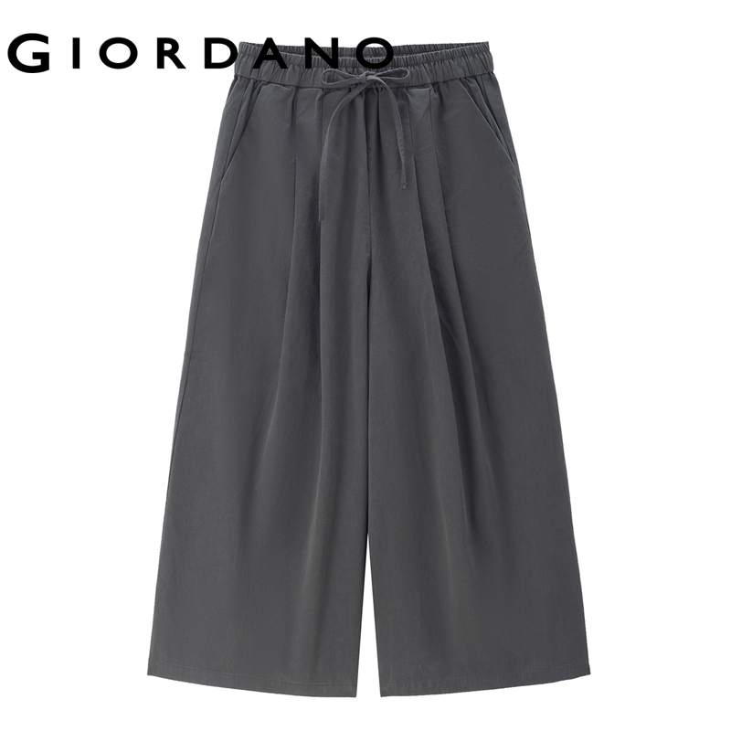 Giordano Women 100% Cotton pleated wide leg elastic waist pants Free Shipping 18425202 · v2