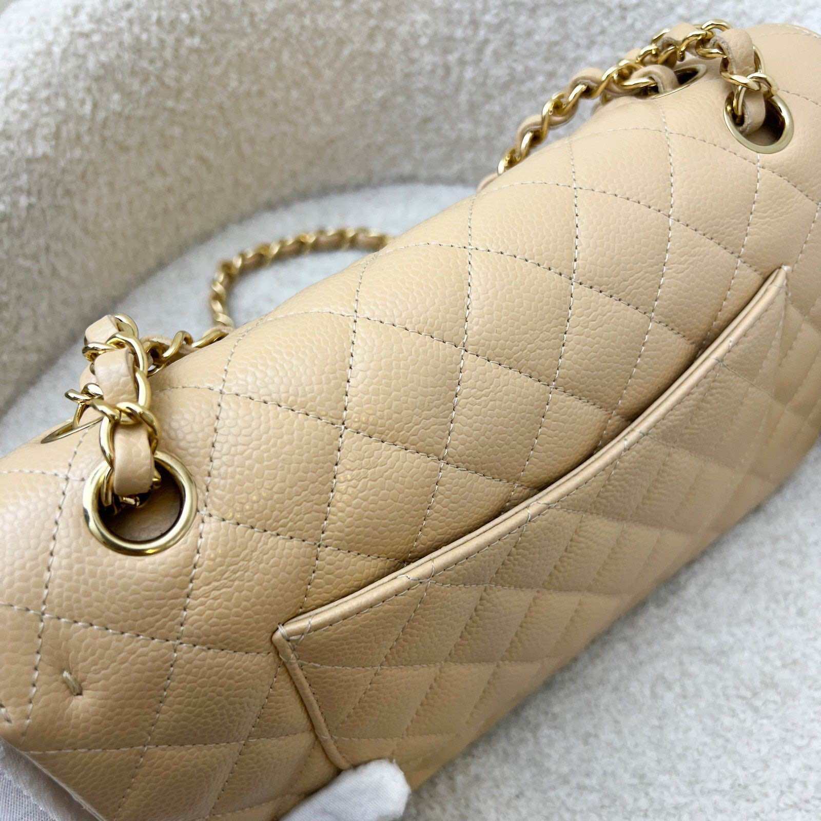 Chanel Medium Classic Flap CF in Beige Caviar and GHW (Model: A01112) · v12