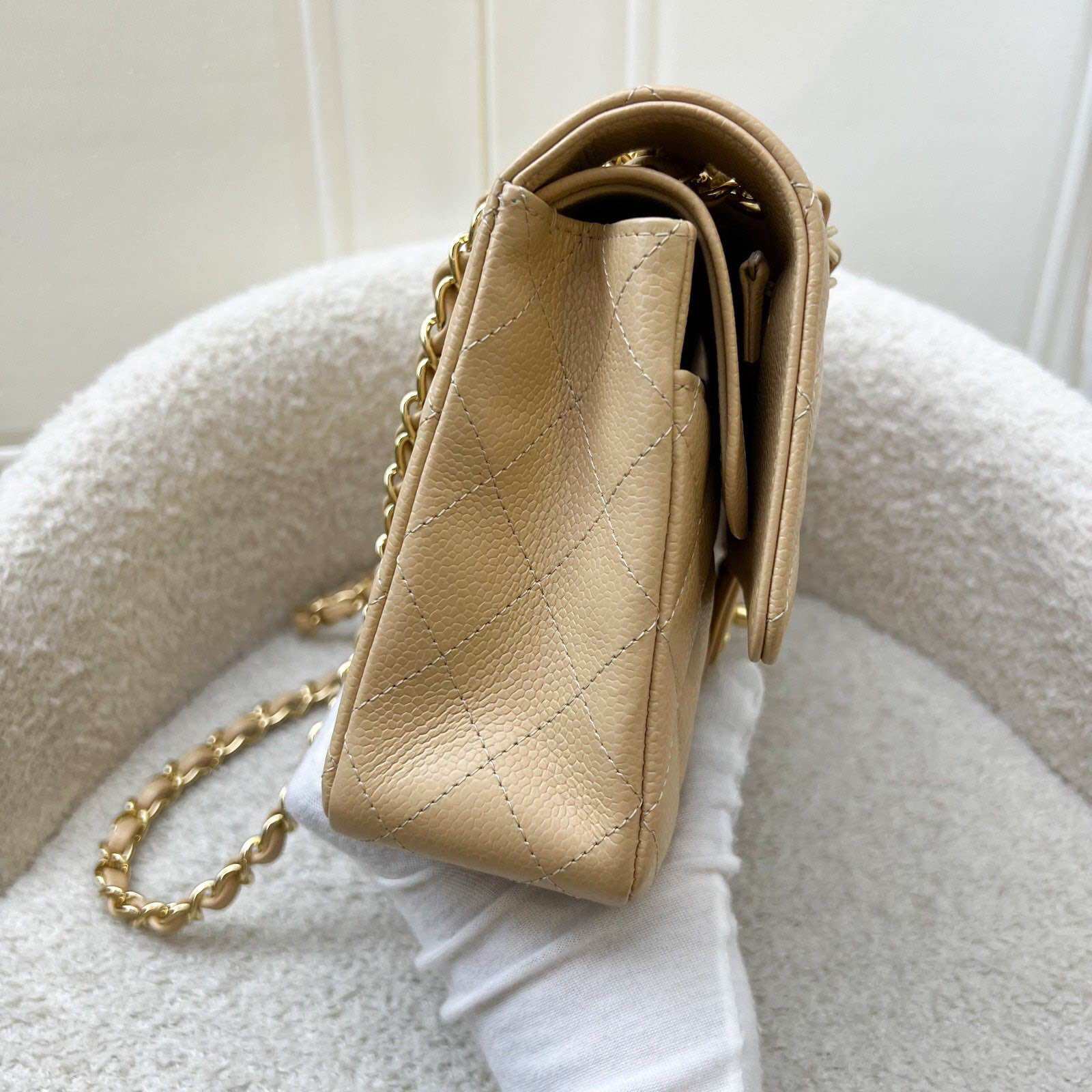 Chanel Medium Classic Flap CF in Beige Caviar and GHW (Model: A01112) · v12
