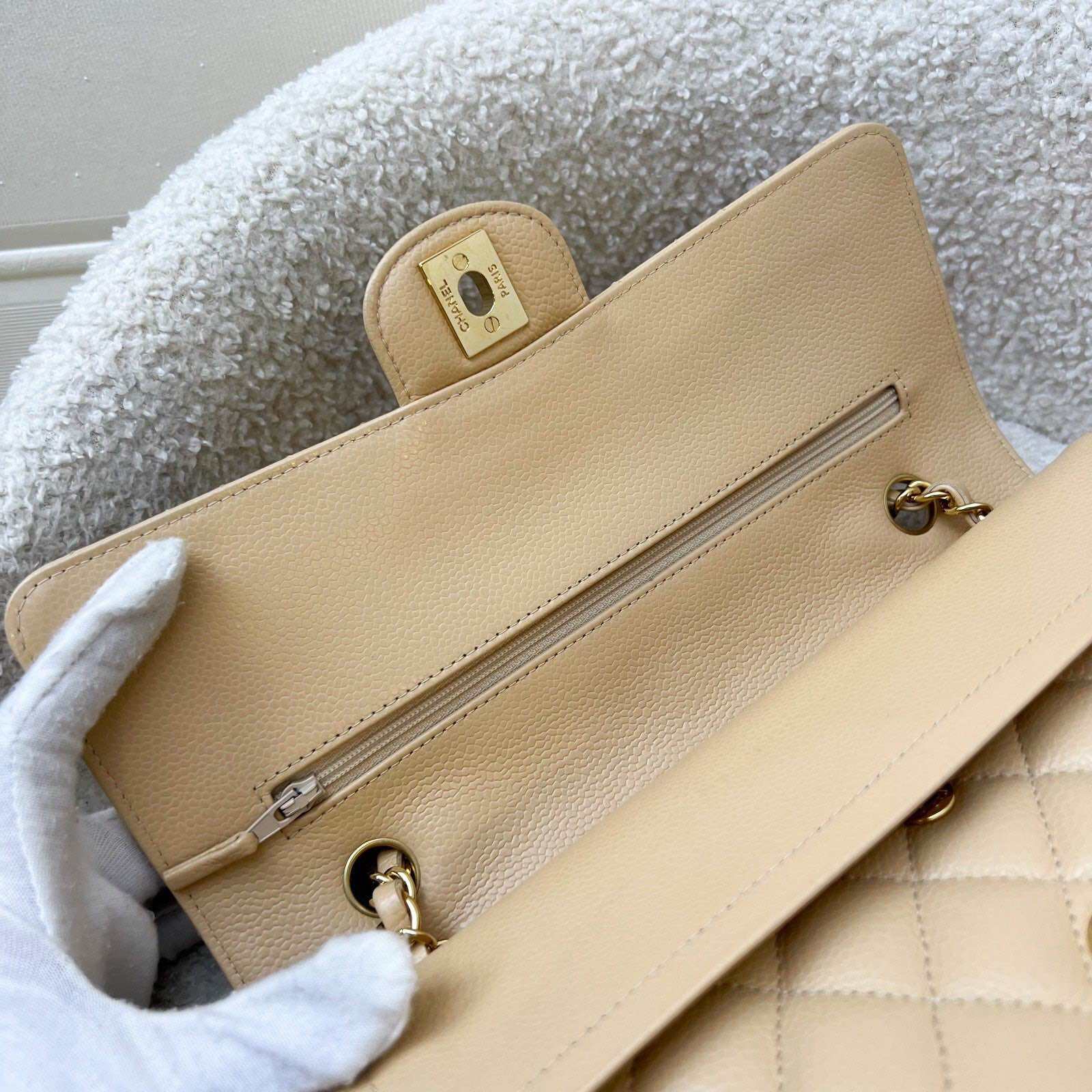 Chanel Medium Classic Flap CF in Beige Caviar and GHW (Model: A01112) · v12