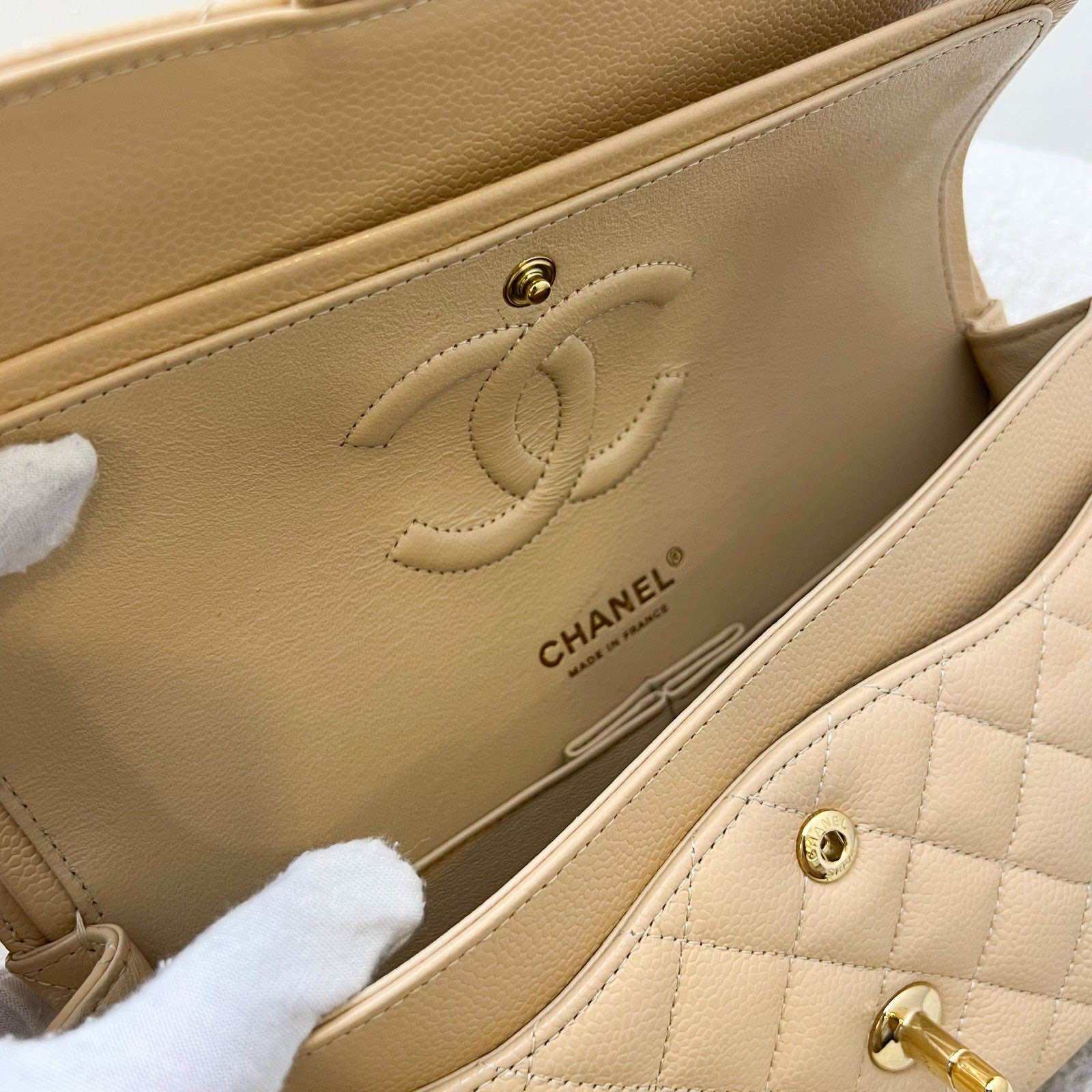 Chanel Medium Classic Flap CF in Beige Caviar and GHW (Model: A01112) · v12
