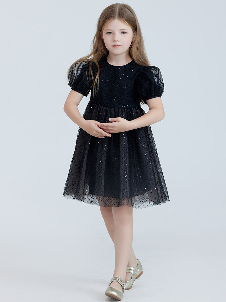 RBIGX Princess Style Girls Dress Black Puffy Sleeve Mesh Skirt Summer Children's Clothing Nylon Fabric Fairy Tale Princess Dress