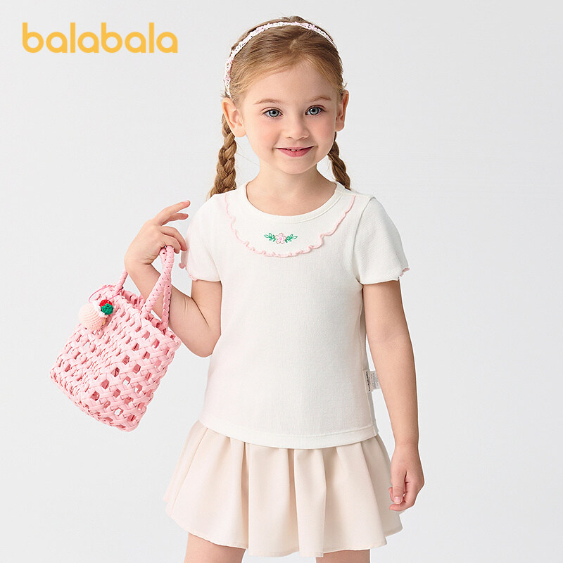 balabala Children Baby Short Sleeve Girl T-Shirt Children Top 2025 New Summer Shoulder-Fit Inner Wear Embroidered T-Shirt · v5