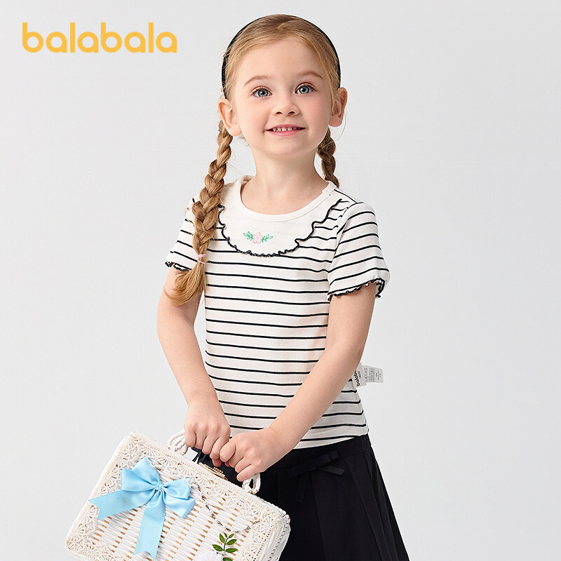 balabala Children Baby Short Sleeve Girl T-Shirt Children Top 2025 New Summer Shoulder-Fit Inner Wear Embroidered T-Shirt · v5