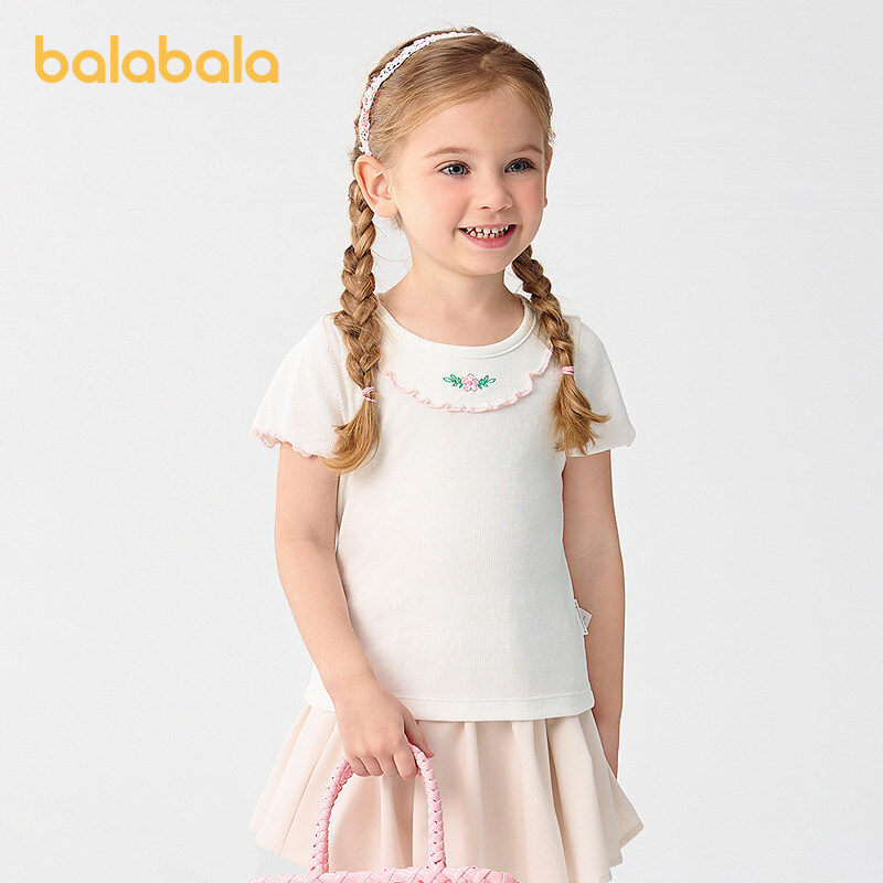 balabala Children Baby Short Sleeve Girl T-Shirt Children Top 2025 New Summer Shoulder-Fit Inner Wear Embroidered T-Shirt · v5