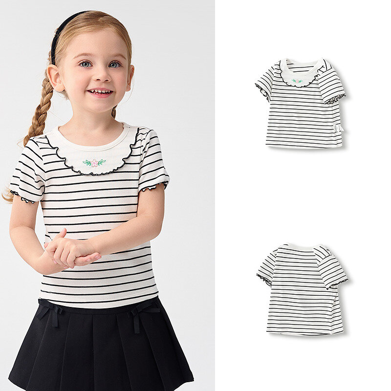 balabala Children Baby Short Sleeve Girl T-Shirt Children Top 2025 New Summer Shoulder-Fit Inner Wear Embroidered T-Shirt · v5