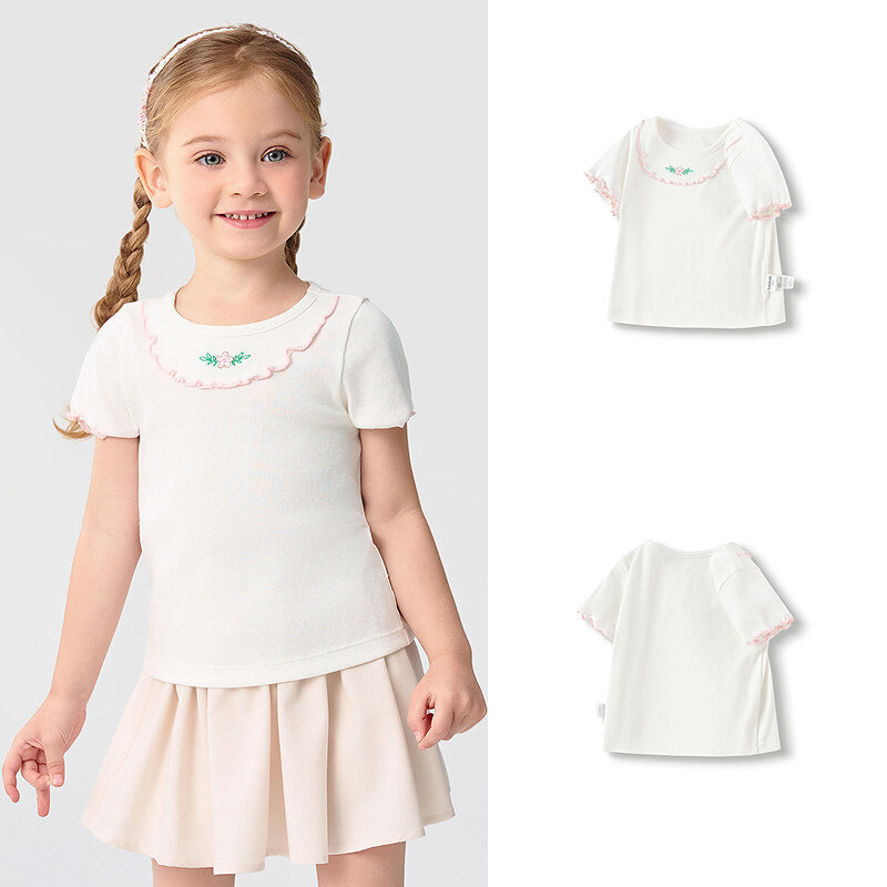 balabala Children Baby Short Sleeve Girl T-Shirt Children Top 2025 New Summer Shoulder-Fit Inner Wear Embroidered T-Shirt · v5