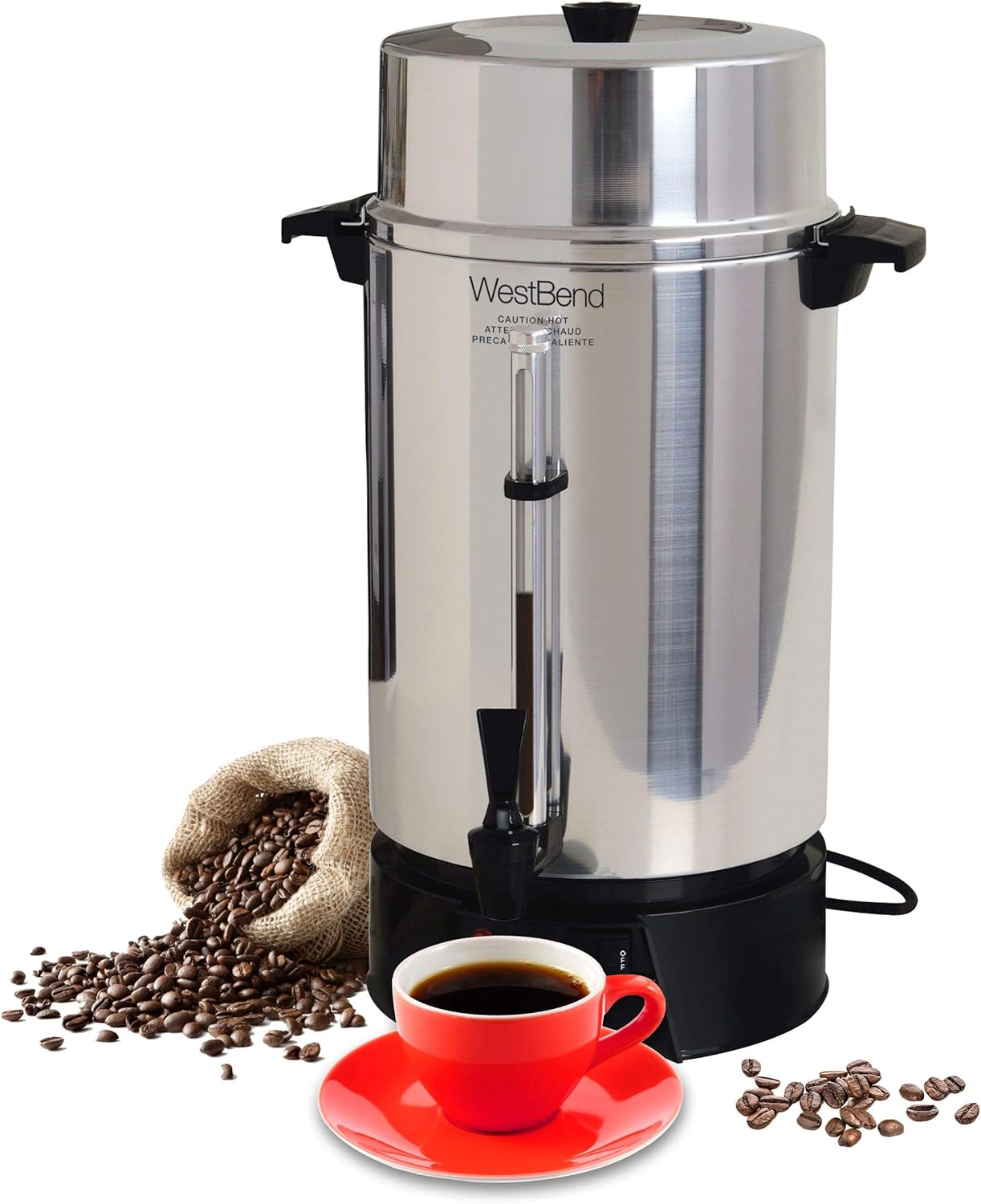 West Bend 33600 커피 항아리 상업용 고광택 알루미늄 NSF 승인 특징 자동 온도 제어 빠른 양조 및 쉬운 청소가 가능한 대용량, 100컵, 실버