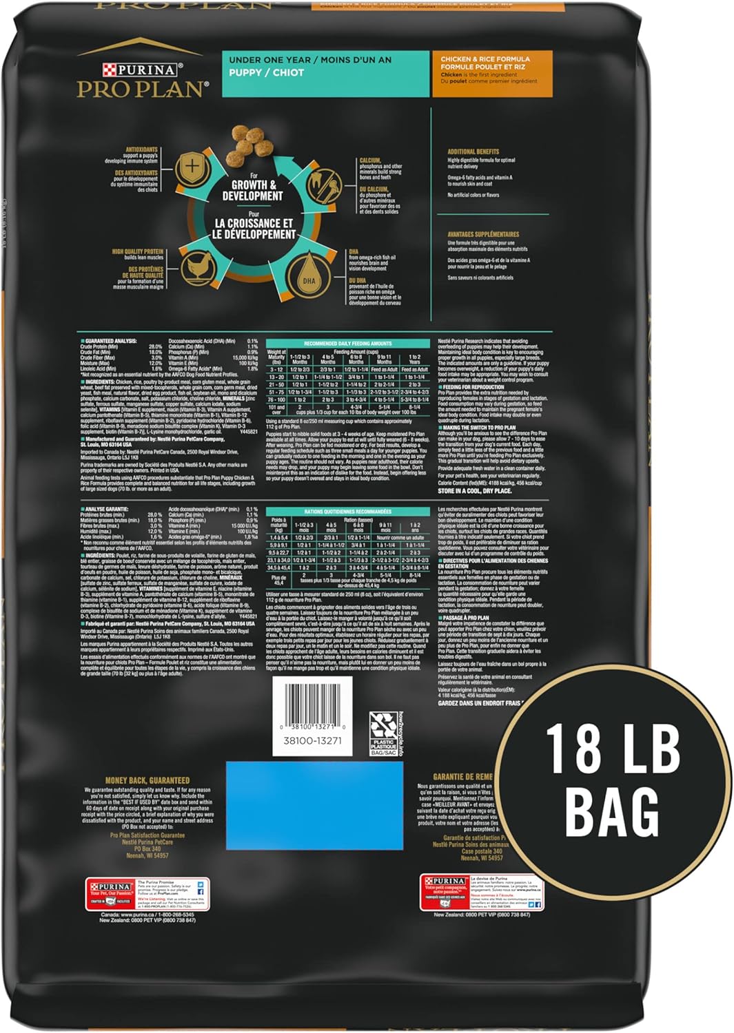 Alimento seco para cachorros Purina Pro Plan con alto contenido de proteínas, fórmula para pollo y arroz, bolsa de 18 libras