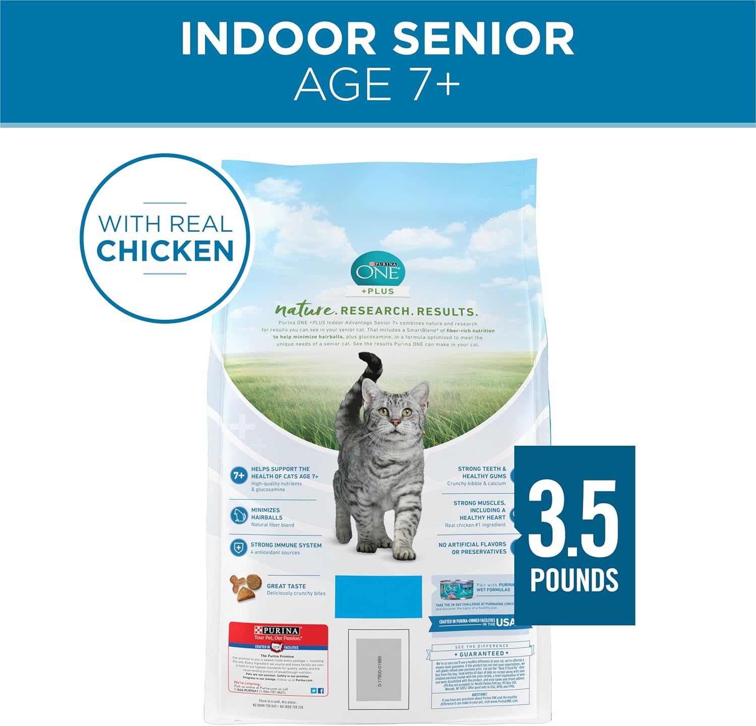 Nourriture sèche naturelle pour chats Purina ONE, riche en protéines, pour chats, Indoor Advantage Senior, sac de 3,5 livres