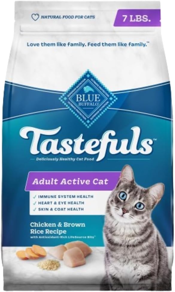 Alimento seco natural Blue Buffalo Tastefuls para gatos adultos activos, receta de pollo y arroz integral, 7 libras Bolsa