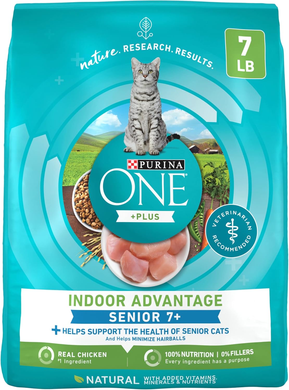 Alimento seco Purina ONE, rico en proteínas, natural para gatos mayores, Indoor Advantage Senior, 7 libras Bolsa
