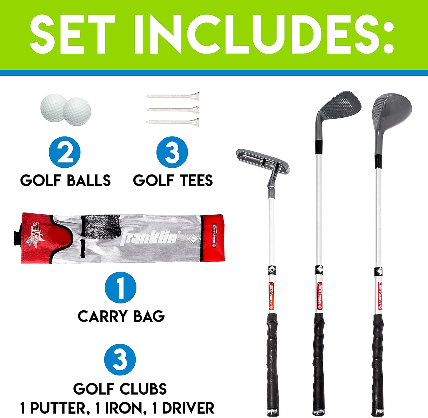 Franklin Sports Kids Golf Set - Set mazze da golf in plastica regolabile per ragazzi - Set da golf in plastica per bambini con borsa e palline - Mazze a lunghezza regolabile per bambini piccoli, Junior, mano destra, rosso