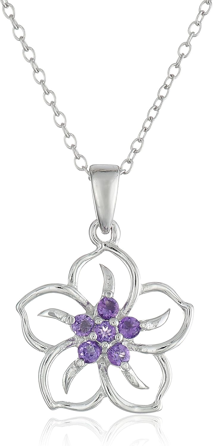 Amazon Essentials Genuine or Created Gemstone Birthstone Flower Pendant Necklace with Chain in Sterling Silver, 18 (previously Amazon Collection) · v2