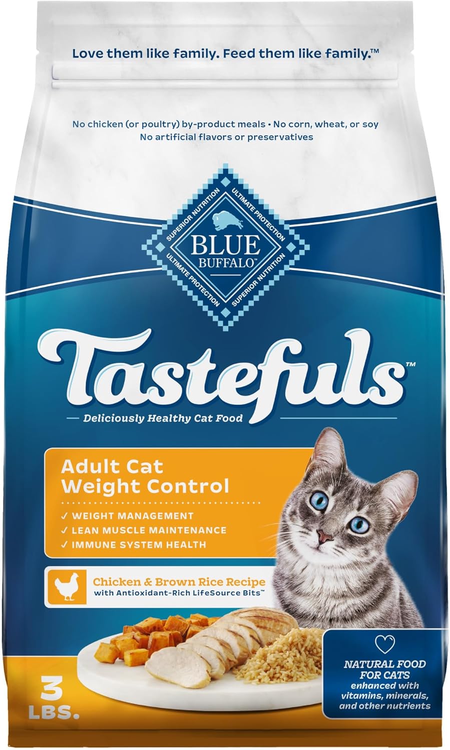 Nourriture sèche Blue Buffalo Tastefuls pour adultes pour perdre du poids, fabriquée aux États-Unis avec des ingrédients naturels, recette de poulet, 3 livres. Sac