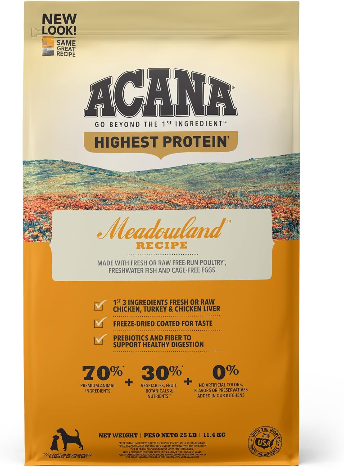 Alimento seco para perros ACANA con mayor contenido de proteínas, Meadowland, receta de pollo y pavo, 25 libras