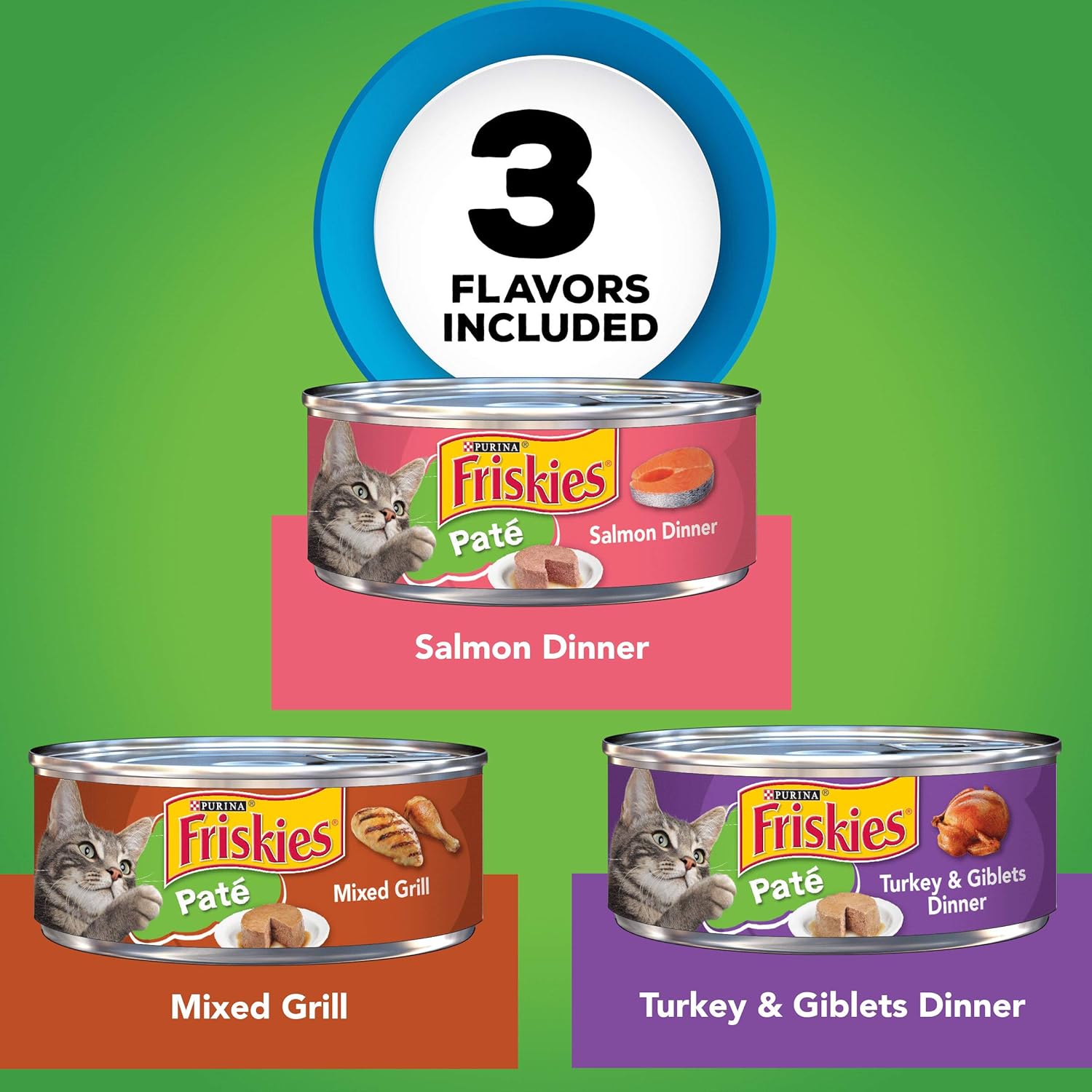 Nourriture humide Purina Friskies pour chats, plat varié, dîner au saumon, dîner à la dinde et aux abats et grill mixte, 5,5 onces (lot de 24)