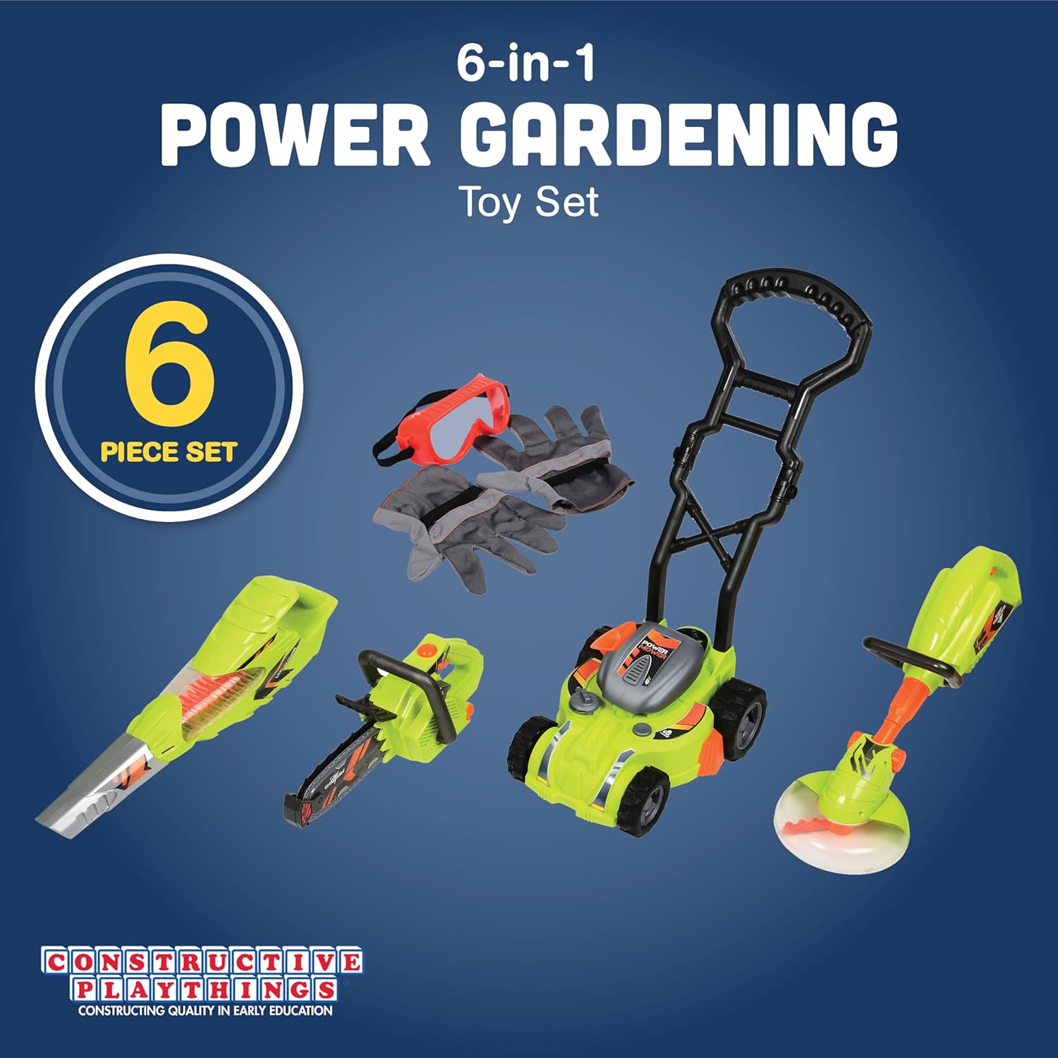 CP Toys, set di 6 giocattoli da giardinaggio elettrici per bambini di 3 anni, set di attrezzi da gioco per bambini al coperto e all'aperto con soffiatore per foglie, motosega, tosaerba e altro, verde