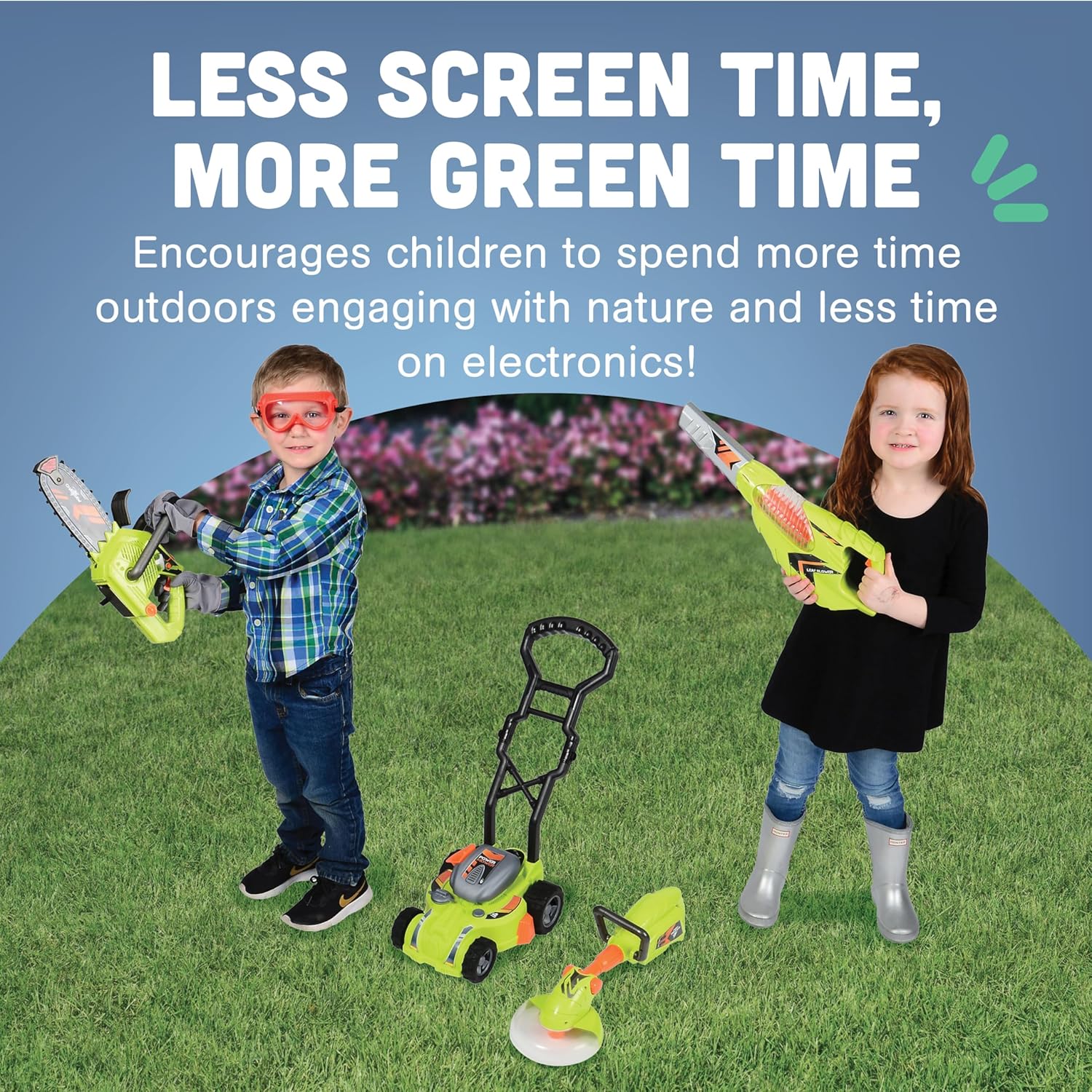 CP Toys, set di 6 giocattoli da giardinaggio elettrici per bambini di 3 anni, set di attrezzi da gioco per bambini al coperto e all'aperto con soffiatore per foglie, motosega, tosaerba e altro, verde