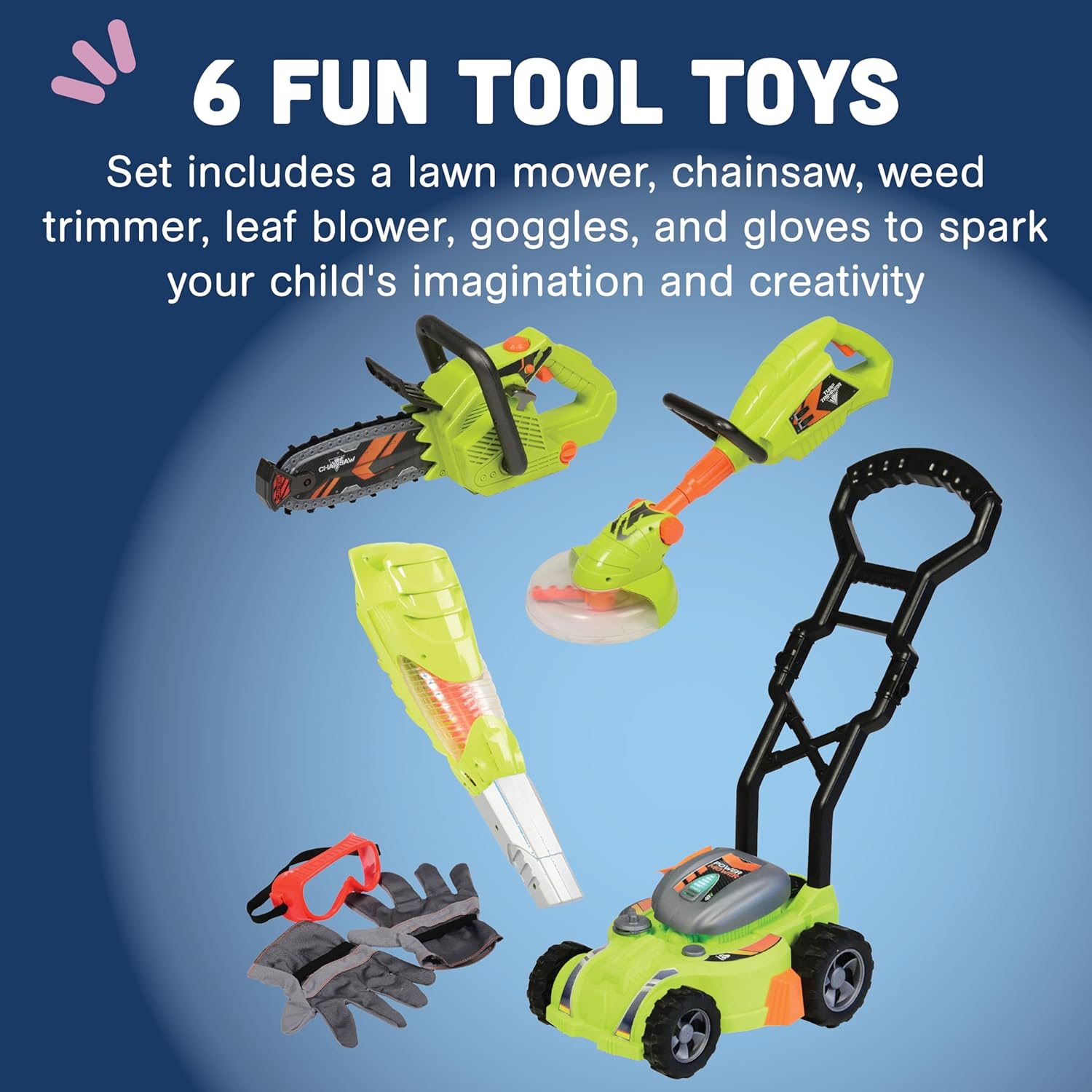 CP Toys, set di 6 giocattoli da giardinaggio elettrici per bambini di 3 anni, set di attrezzi da gioco per bambini al coperto e all'aperto con soffiatore per foglie, motosega, tosaerba e altro, verde