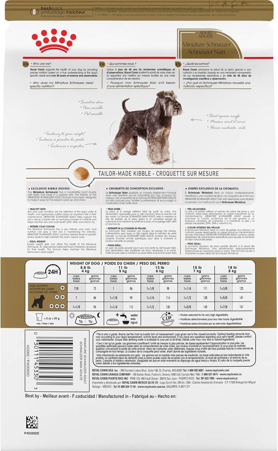 Nourriture sèche pour chiens Royal Canin Miniature Schnauzer, spécifique à une race adulte, sac de 10 livres