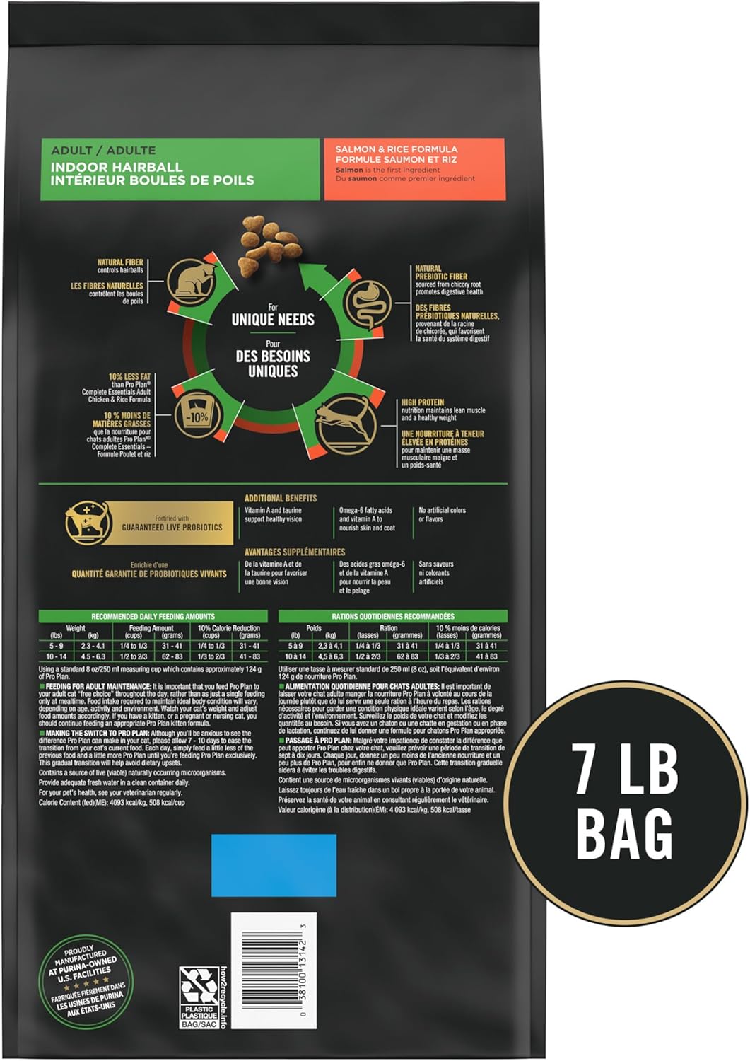 Purina Pro Plan Hairball Management, nourriture d'intérieur pour chats, formule au saumon et au riz, sac de 7 livres