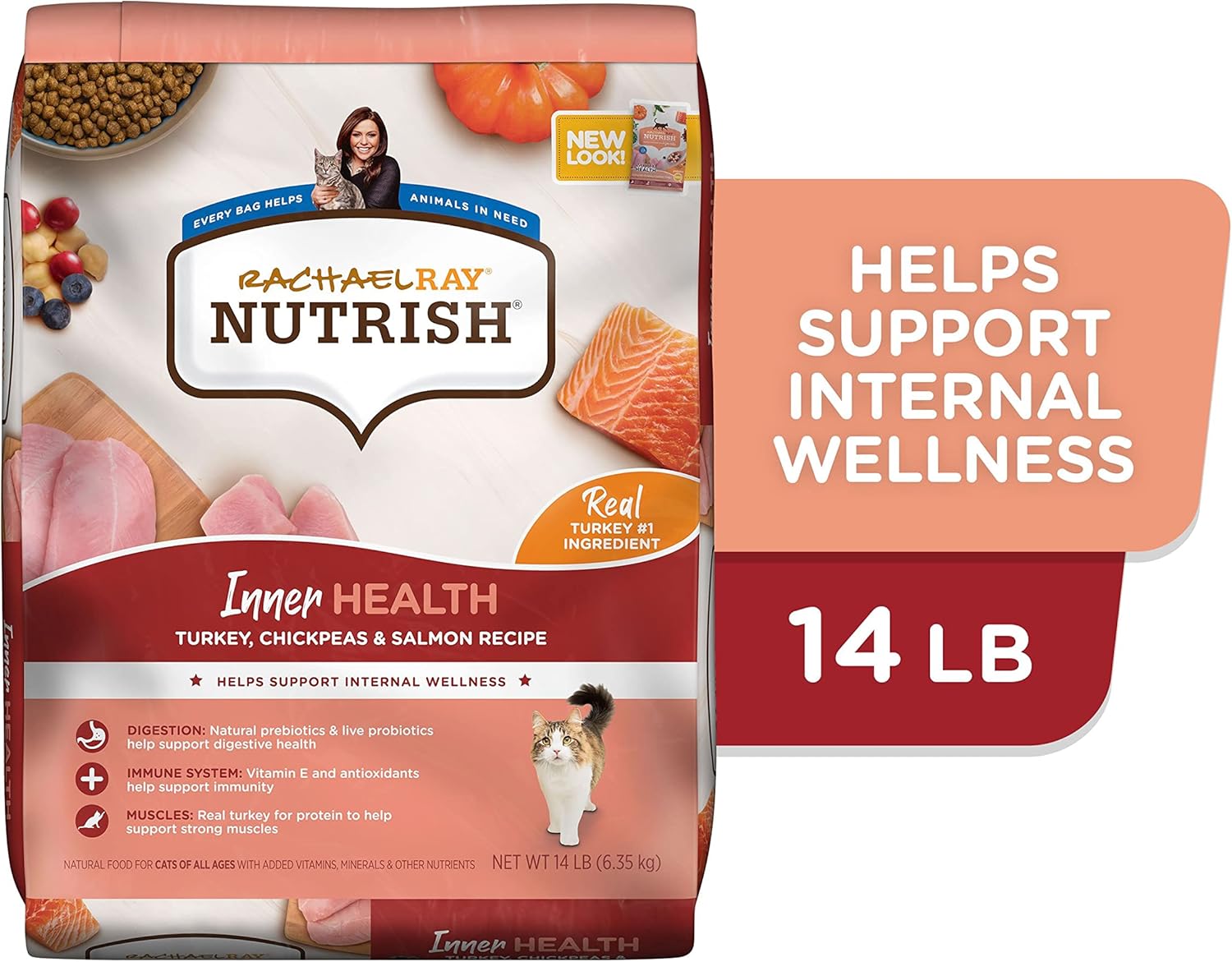 Nourriture sèche naturelle de première qualité pour chats Rachael Ray Nutrish Inner Health avec vitamines, minéraux et autres nutriments ajoutés, recette de dinde aux pois chiches et au saumon, 14 livres