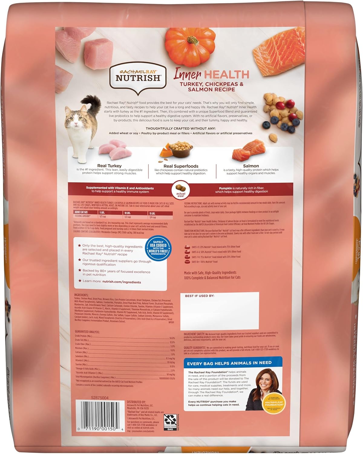 Nourriture sèche naturelle de première qualité pour chats Rachael Ray Nutrish Inner Health avec vitamines, minéraux et autres nutriments ajoutés, recette de dinde aux pois chiches et au saumon, 14 livres